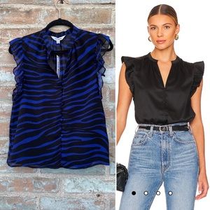 Steve Madden Blouse Annie Top Blue Black Zebra Sheer Sleeveless Ruffle Neck